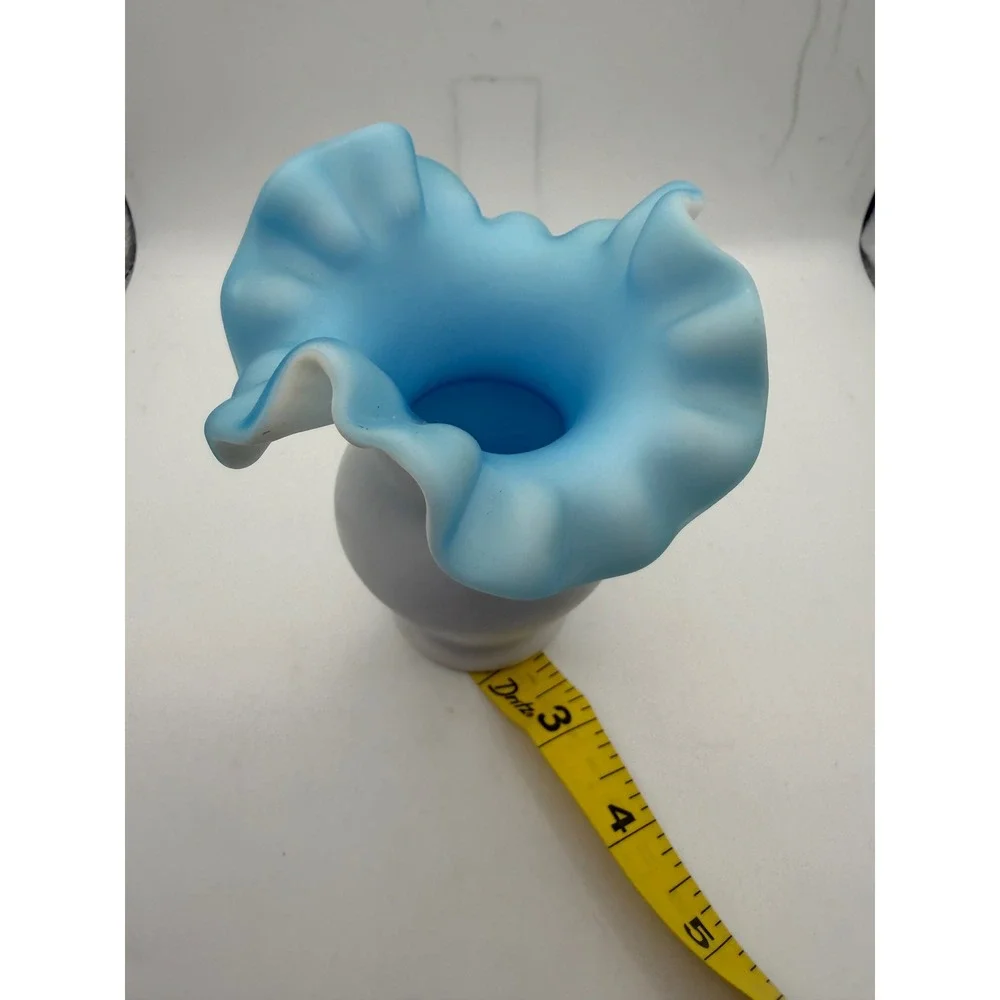 Vintage Blue Ruffled Milk Glass Bud Vase White Satin Cased Glass 4.5 Inch